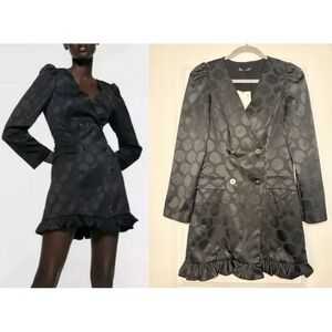 ZARA Size Medium NWT Polka Dot Tuxedo Blazer Mini Short Dress Black Ruffle Satin
